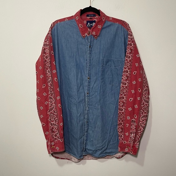 Vintage American blue men denim bandana red print long sleeve men button down XL - Picture 1 of 7